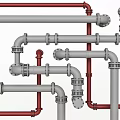 Industrial Gray and Red Pipe Network With Flanges Elbows Multiple Connections And Components 3d model