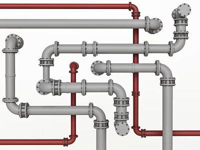 Industrial Gray and Red Pipe Network With Flanges Elbows Multiple Connections And Components 3d model