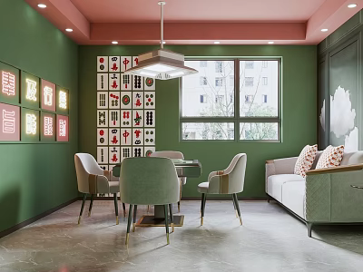Hotel Mahjong Room Interior Featuring Green Walls Pink Ceiling Mahjong Decorations Tables Chairs And Sofa 3d model