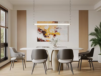 Restaurant Interior With Dining Table Chairs Pendant Lights Wall Painting And Window 3d model