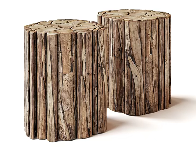 Two Rustic Wooden Stools Crafted From Natural Log With Visible Wood Grain Texture 3d model