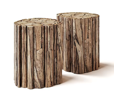 Two Rustic Wooden Stools Crafted From Natural Log With Visible Wood Grain Texture 3d model