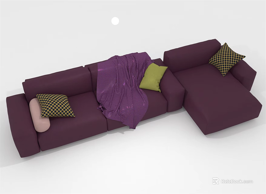 Stylish Purple L shaped Sectional Sofa With Green Pink Checkered Pillows And Throw Blanket 3d model 