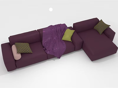 Stylish Purple L shaped Sectional Sofa With Green Pink Checkered Pillows And Throw Blanket 3d model