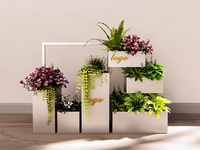 Bonsai Potted Plants Display In Stacked White Pots With Purple Flowers Green Plants And Logo 3d model
