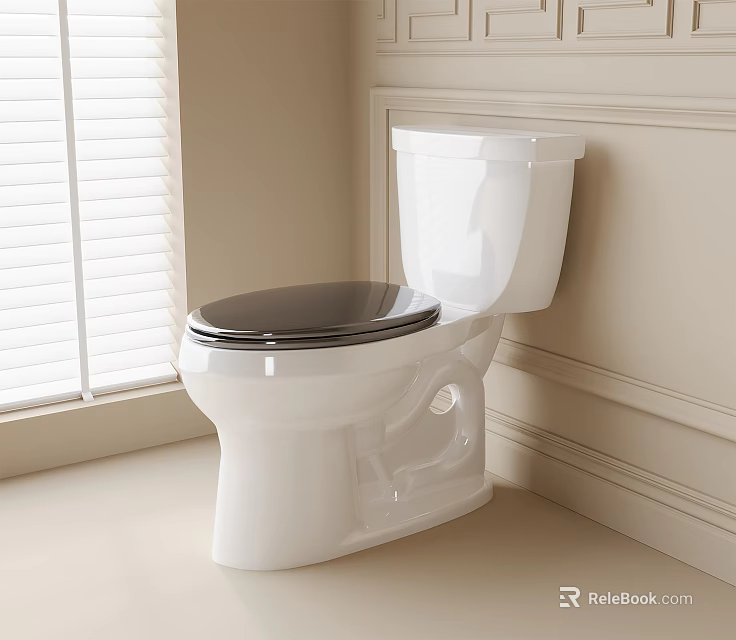 White Toilet With Black Seat In Bathroom Featuring Window Blinds And Light Colored Walls 3d model 