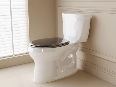 White Toilet With Black Seat In Bathroom Featuring Window Blinds And Light Colored Walls 3d model