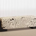 Modern Fabric Bench with Black White Wavy Pattern and Black Wooden Legs on Striped Carpet 3d model
