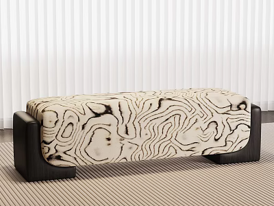 Modern Fabric Bench with Black White Wavy Pattern and Black Wooden Legs on Striped Carpet 3d model