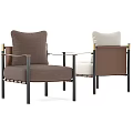 Beige Upholstered Accent Chair With Brown Leather Armrests Black Metal Legs Modern Design