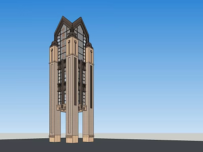 Tall Architectural Tower With Pointed Roof Beige Brown Exterior And Multiple Windows 3d model