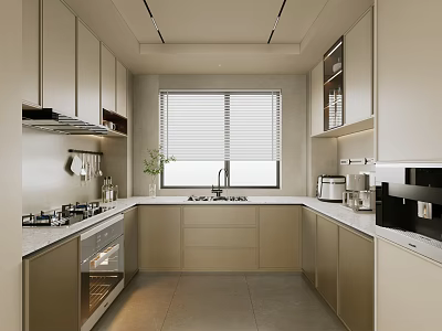 Modern Kitchen Interior With Light Cabinets Window Blinds Green Plant And Appliances 3d model
