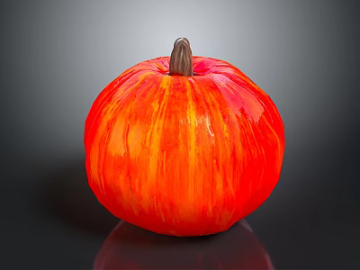 Fresh Striped Orange And Red Pumpkin With Brown Stem On Black Reflective Surface 3d model