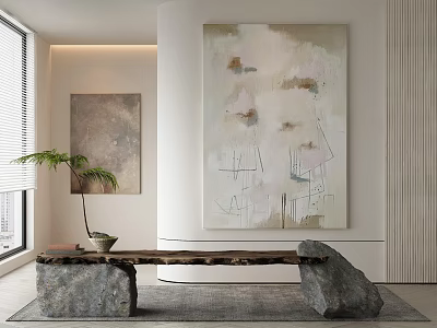 Abstract Painting In Modern Interior With Soft Tones Potted Plant And Stone Bench 3d model