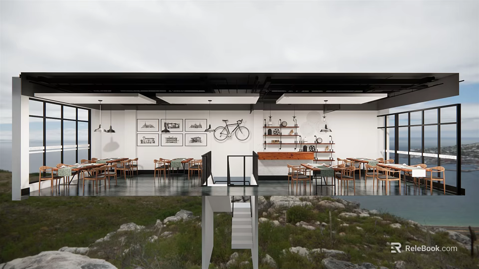 Open Space Café With Large Windows Wooden Tables Bicycle Decor And Green Plants 3d model 