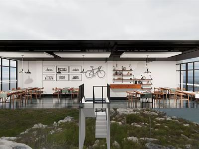 Open Space Café With Large Windows Wooden Tables Bicycle Decor And Green Plants 3d model