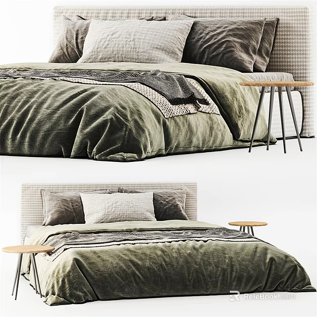 Cozy Double Bed With Green Velvet Bedding Pillows And Wooden Side Table 3d model 