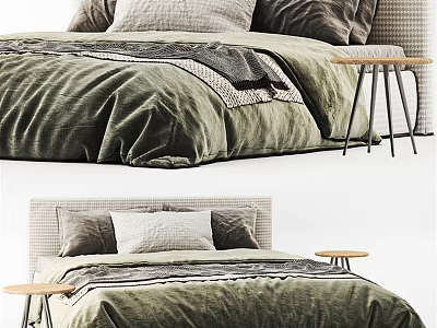 Cozy Double Bed With Green Velvet Bedding Pillows And Wooden Side Table 3d model