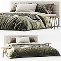 Cozy Double Bed With Green Velvet Bedding Pillows And Wooden Side Table