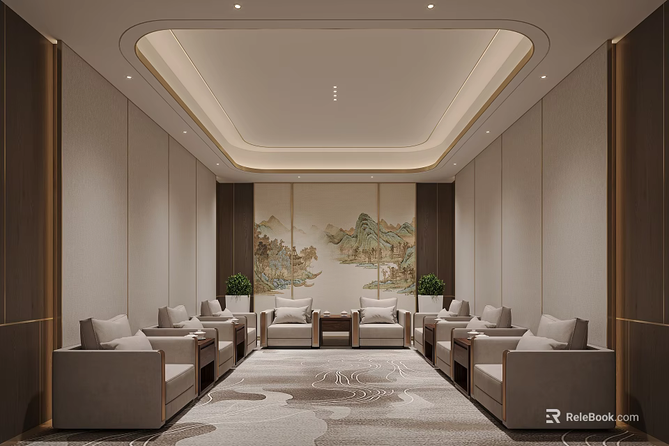 Hotel Public Lounge with Traditional Chinese Landscape Mural Comfortable Sofa Green Plants and Elegant Carpet 3d model 