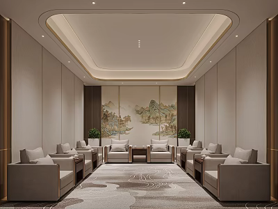 Hotel Public Lounge with Traditional Chinese Landscape Mural Comfortable Sofa Green Plants and Elegant Carpet 3d model