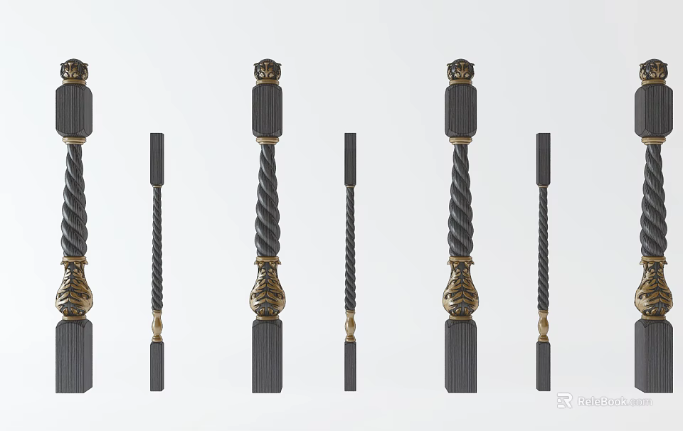 Various Styles Of Decorative Railings With Twisted Design And Gold Accents In Black 3d model 