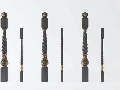 Various Styles Of Decorative Railings With Twisted Design And Gold Accents In Black 3d model
