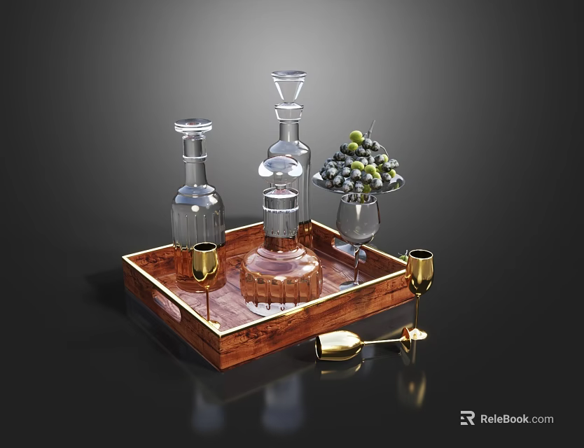 Elegant Wine Bottles and Glasses on Wooden Tray with Grapes and Corkscrew 3d model 