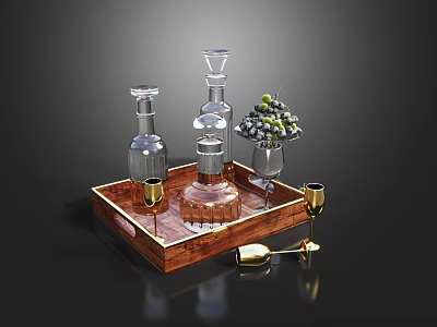 Elegant Wine Bottles and Glasses on Wooden Tray with Grapes and Corkscrew 3d model