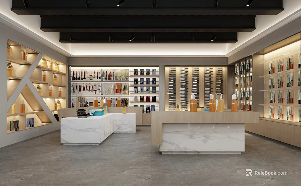 Modern Retail Store Interior With Display Shelves And Marble Counters For Product 3d model 