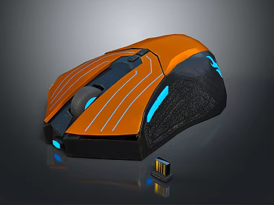 Modern Orange Black Gaming Mouse With Blue LED Lights And USB Receiver Striped Design 3d model