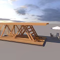 Outdoor Wooden Garden Structure with Seating Area and Umbrella in Open Space