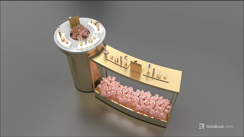 Golden White Decorative Display Cabinet With Circular Top Curved Design And Pink Floral Decorations 3d model 