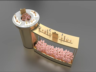 Golden White Decorative Display Cabinet With Circular Top Curved Design And Pink Floral Decorations 3d model