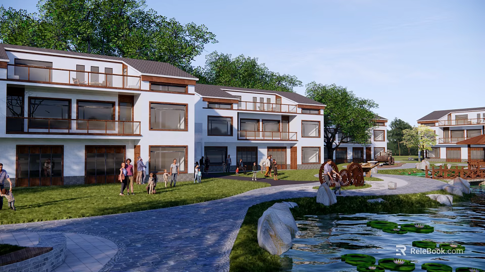 White Exterior Rural Self Built House with Balconies Lawn and Pond in Courtyard 3d model 