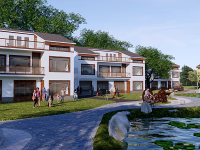 White Exterior Rural Self Built House with Balconies Lawn and Pond in Courtyard 3d model