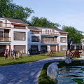 White Exterior Rural Self Built House with Balconies Lawn and Pond in Courtyard