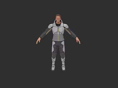 Futuristic 3D Male Character Model In Tech Suit Standing With Outstretched Arms On Black Background 3d model