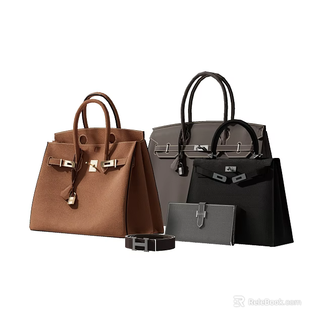 Luxury Handbags In Brown Gray Black With Metal Buckles And Small Clutch Accessory 3d model 