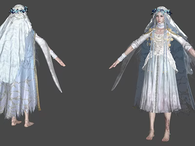 Woman In Elegant White Robe With Flower Crown And Transparent Veil 3d model