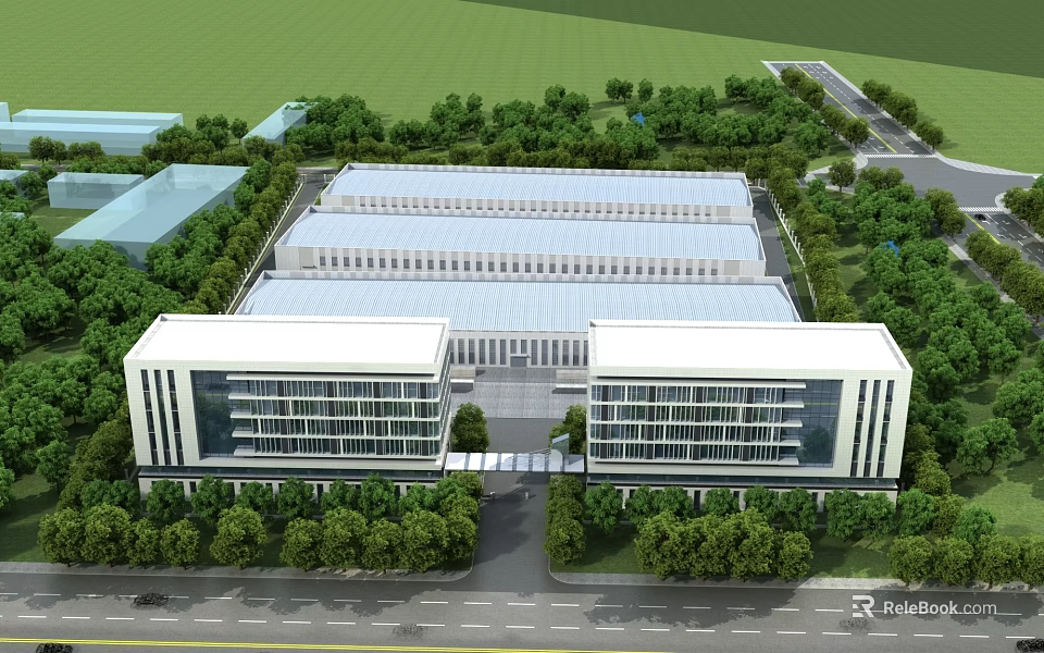 Modern Office Building Complex With Glass Curtain Walls Surrounded By Lush Green Trees 3d model 
