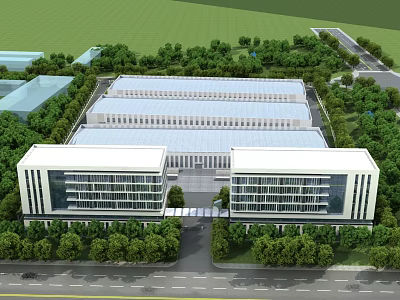 Modern Office Building Complex With Glass Curtain Walls Surrounded By Lush Green Trees 3d model