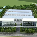 Modern Office Building Complex With Glass Curtain Walls Surrounded By Lush Green Trees
