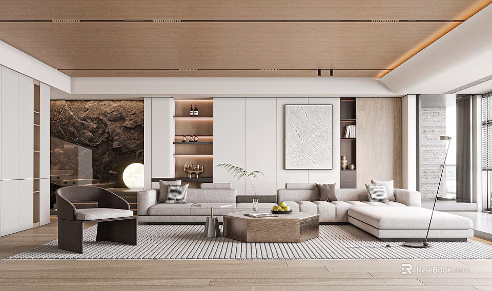 Modern Living Room With Sofa Coffee Table And Art Decor 3d model