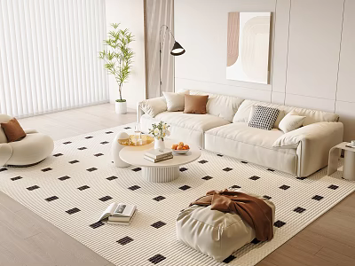 Modern Living Room White Sofa and Coffee Table Set With Cushions Geometric Rug 3d model