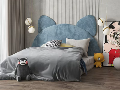 Children's Bed with Blue Ear Shaped Headboard Gray Quilt Checkered Pillow and Stuffed Toys 3d model