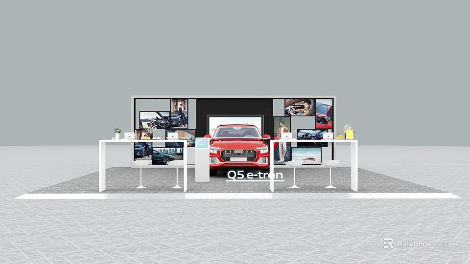 Exhibition Booth With Red Q5 e-tron Car Featuring Display Screens And Tables 3d model