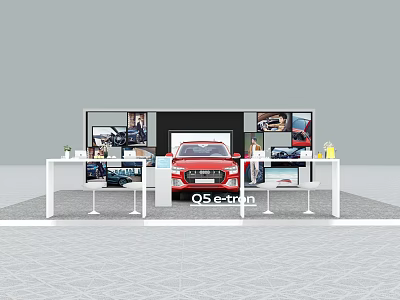 Exhibition Booth With Red Q5 e-tron Car Featuring Display Screens And Tables 3d model