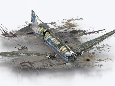 Crashed Airplane Wreckage With Battered Fuselage Mud And Debris Around 3d model