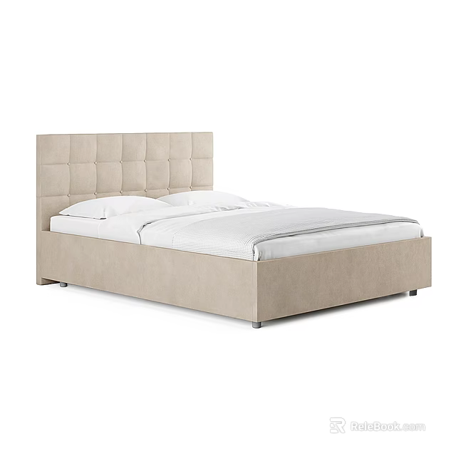 Modern Beige Double Bed With Square Tufted Upholstered Headboard And White Bedding 3d model